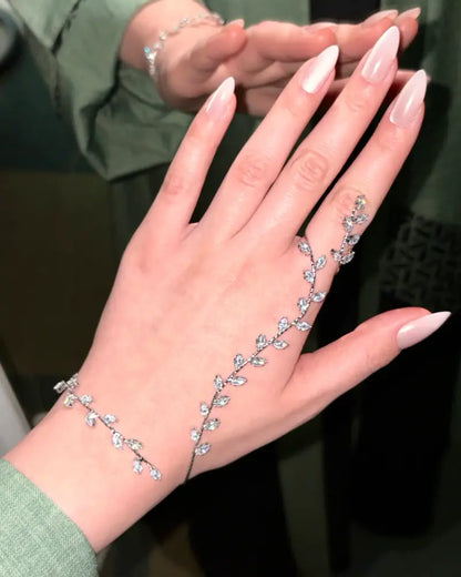 Cubic Zirconia Leaf-Shaped Hand Chain Bracelet