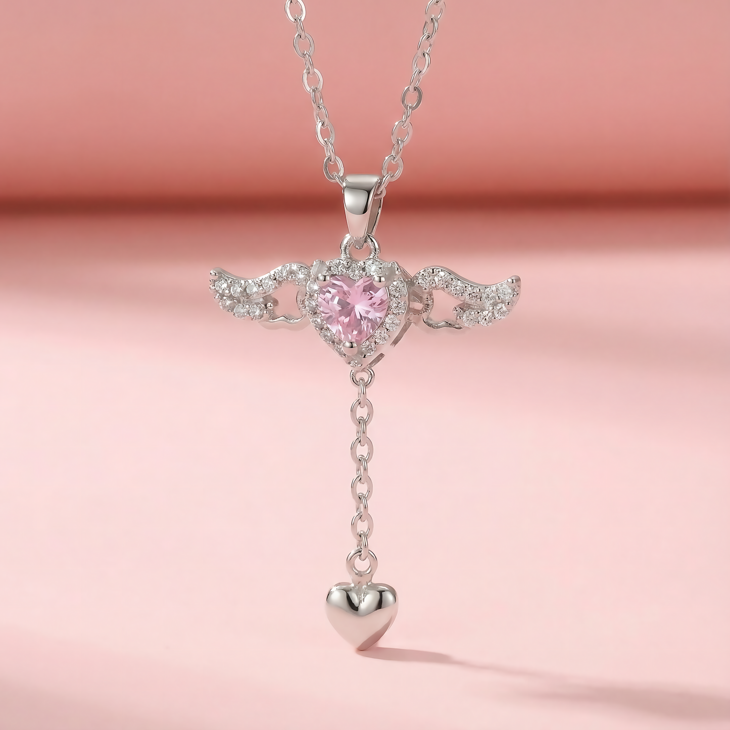 Elegant Heart Necklace with Angel Wings Pendant