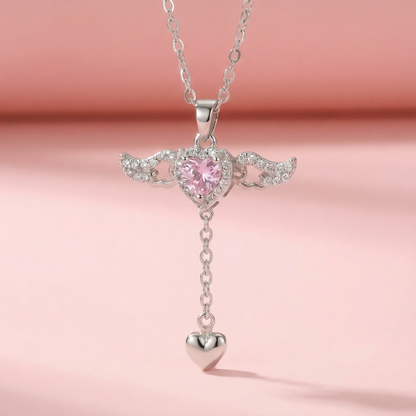 Elegant Heart Necklace with Angel Wings Pendant