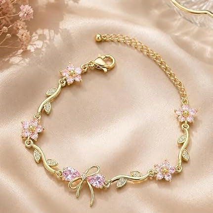 Gold-Plated Floral Bow Chain Bracelet