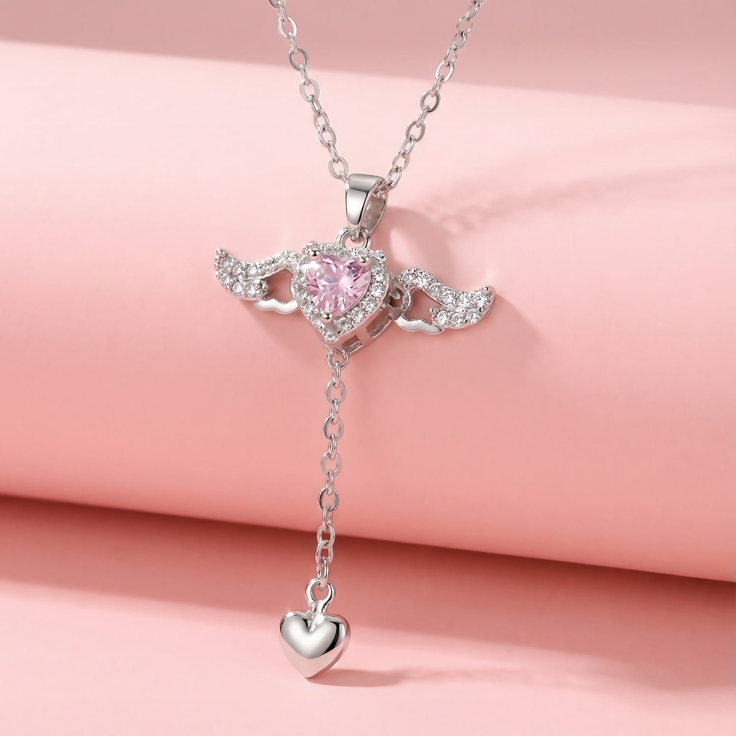 Elegant Heart Necklace with Angel Wings Pendant