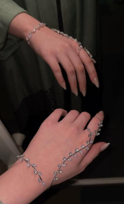 Cubic Zirconia Leaf-Shaped Hand Chain Bracelet