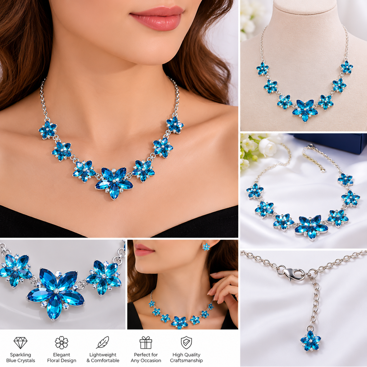Elegant Blue Rhinestone Flower Collar Necklace