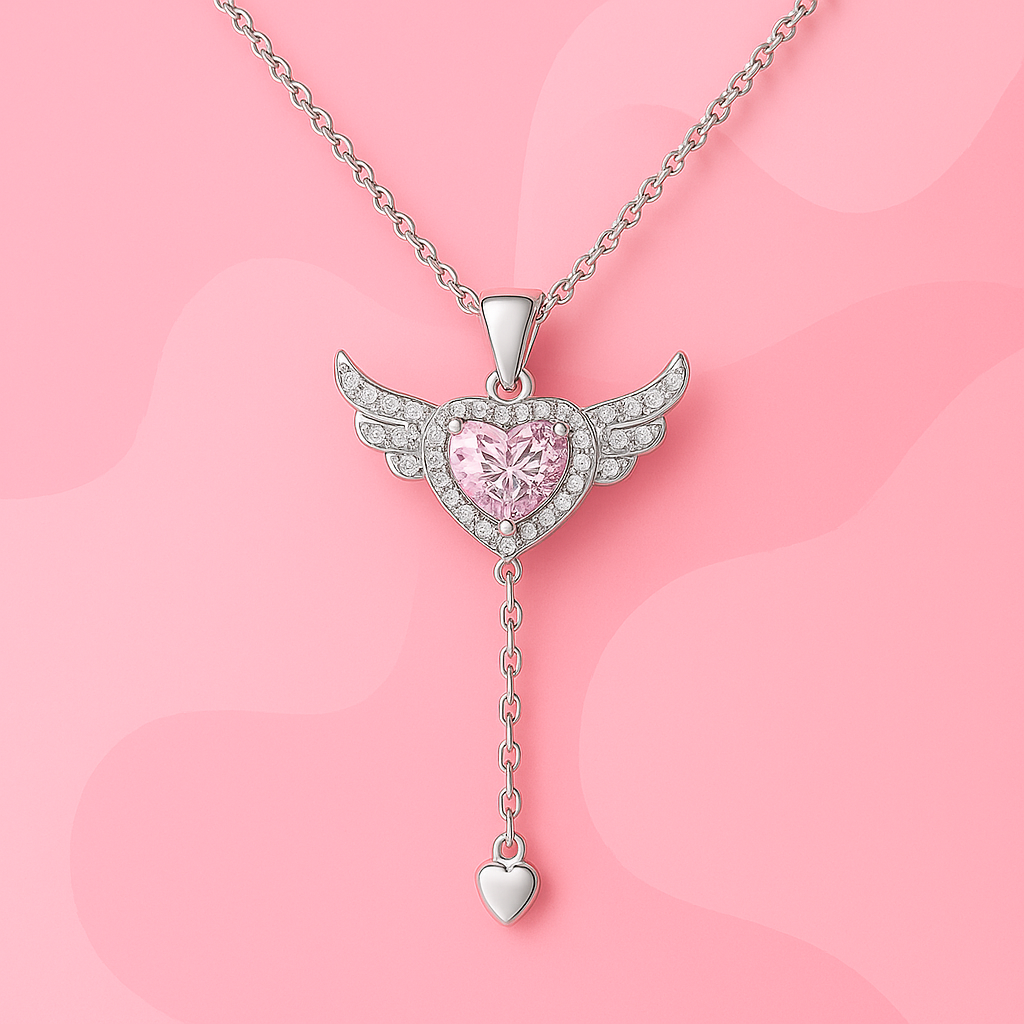 Elegant Heart Necklace with Angel Wings Pendant