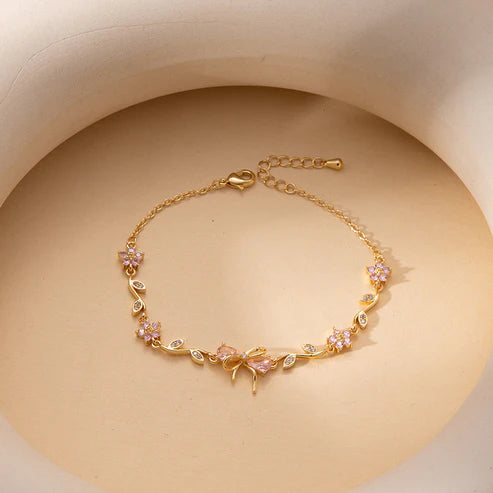 Gold-Plated Floral Bow Chain Bracelet