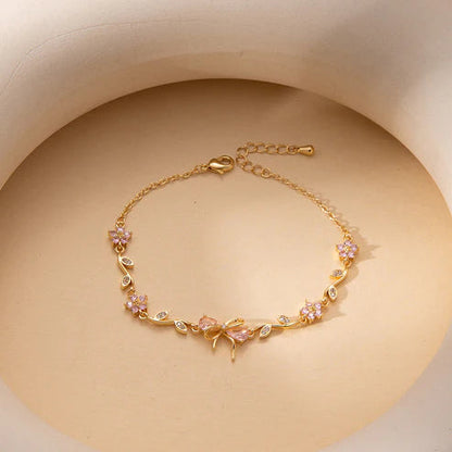 Gold-Plated Floral Bow Chain Bracelet