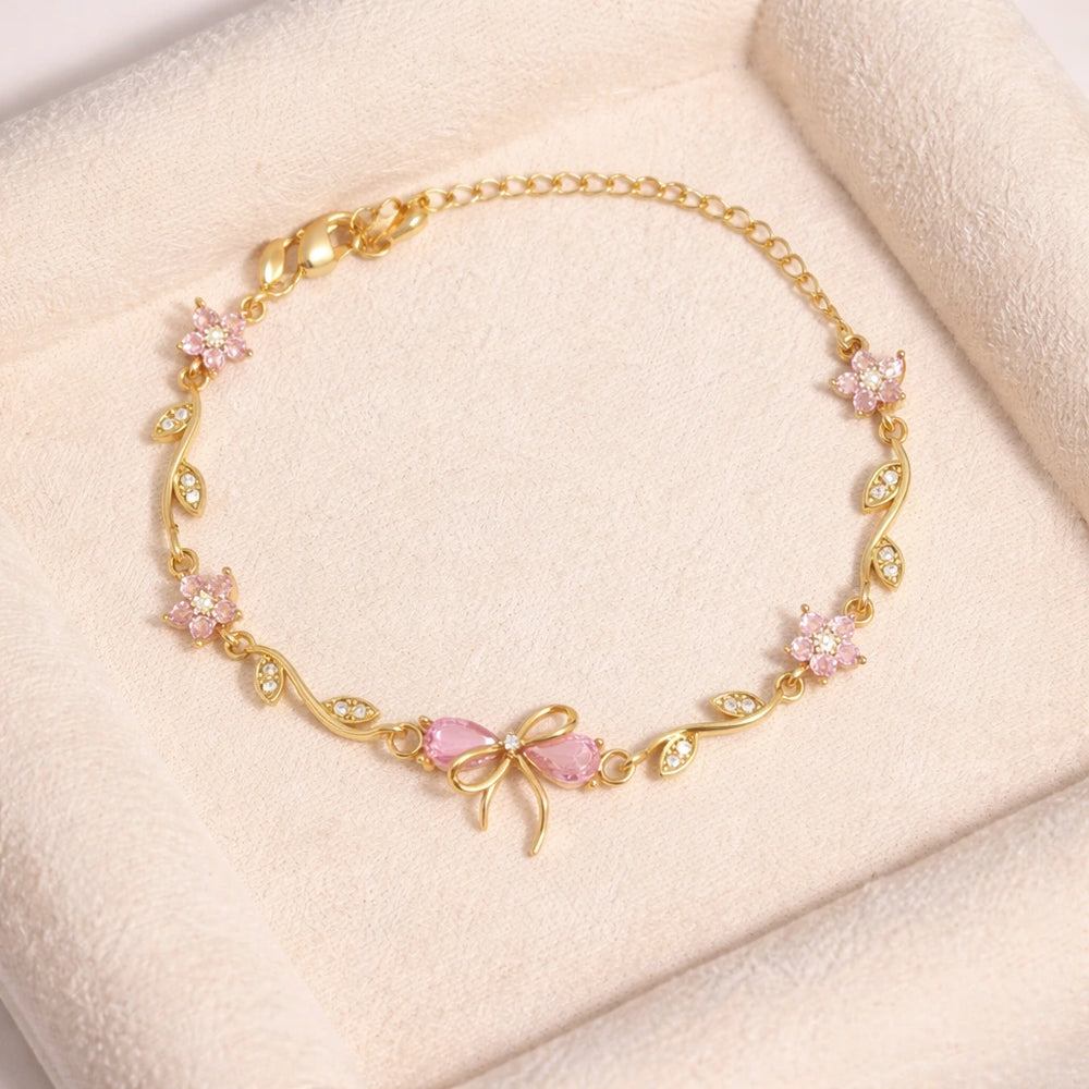 Gold-Plated Floral Bow Chain Bracelet
