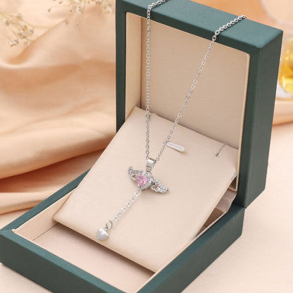 Elegant Heart Necklace with Angel Wings Pendant