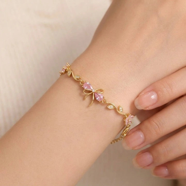Gold-Plated Floral Bow Chain Bracelet